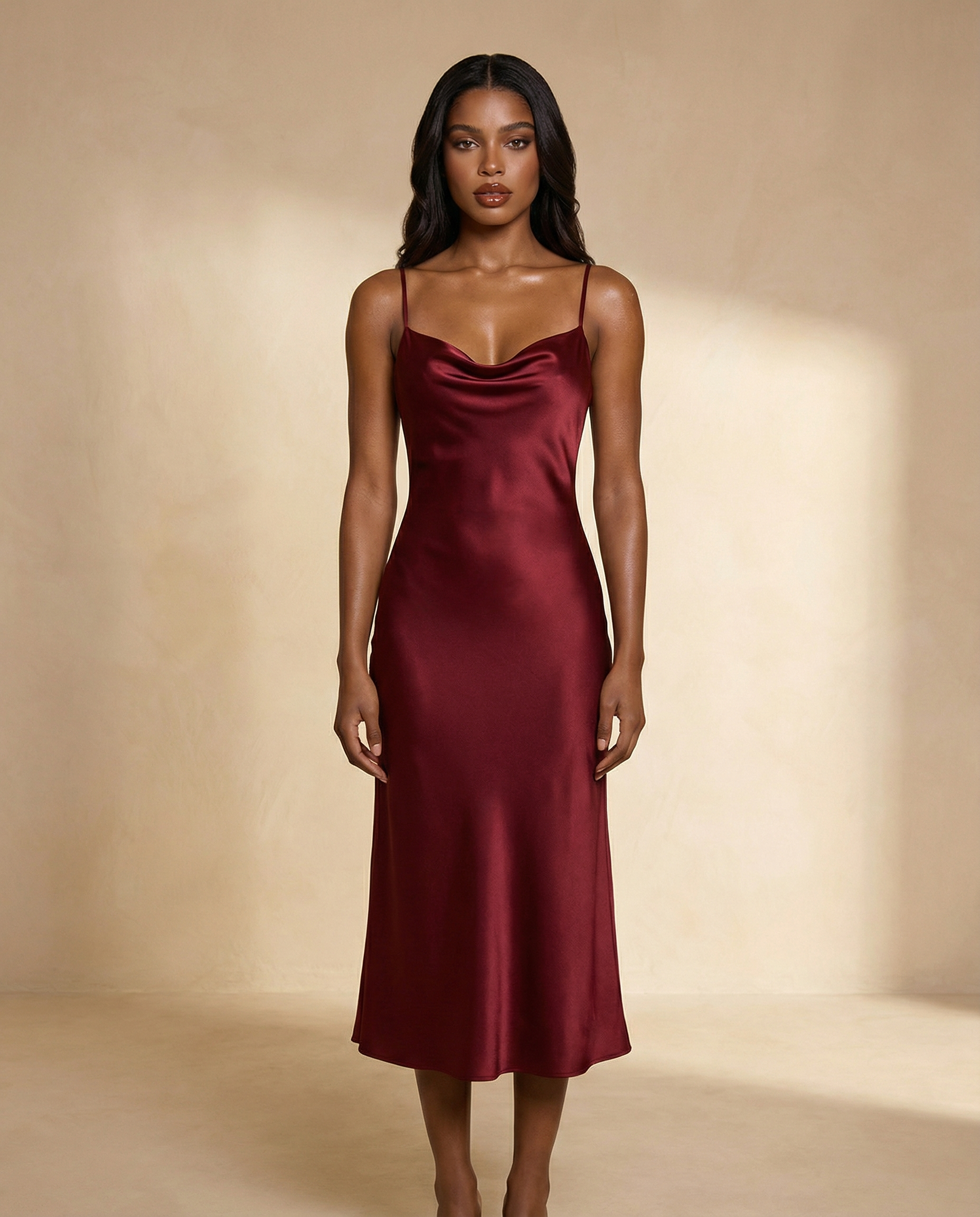 satin midi dress for wedding guest Spaghetti Strap Satin A-Line Midi Wedding Guest Dress